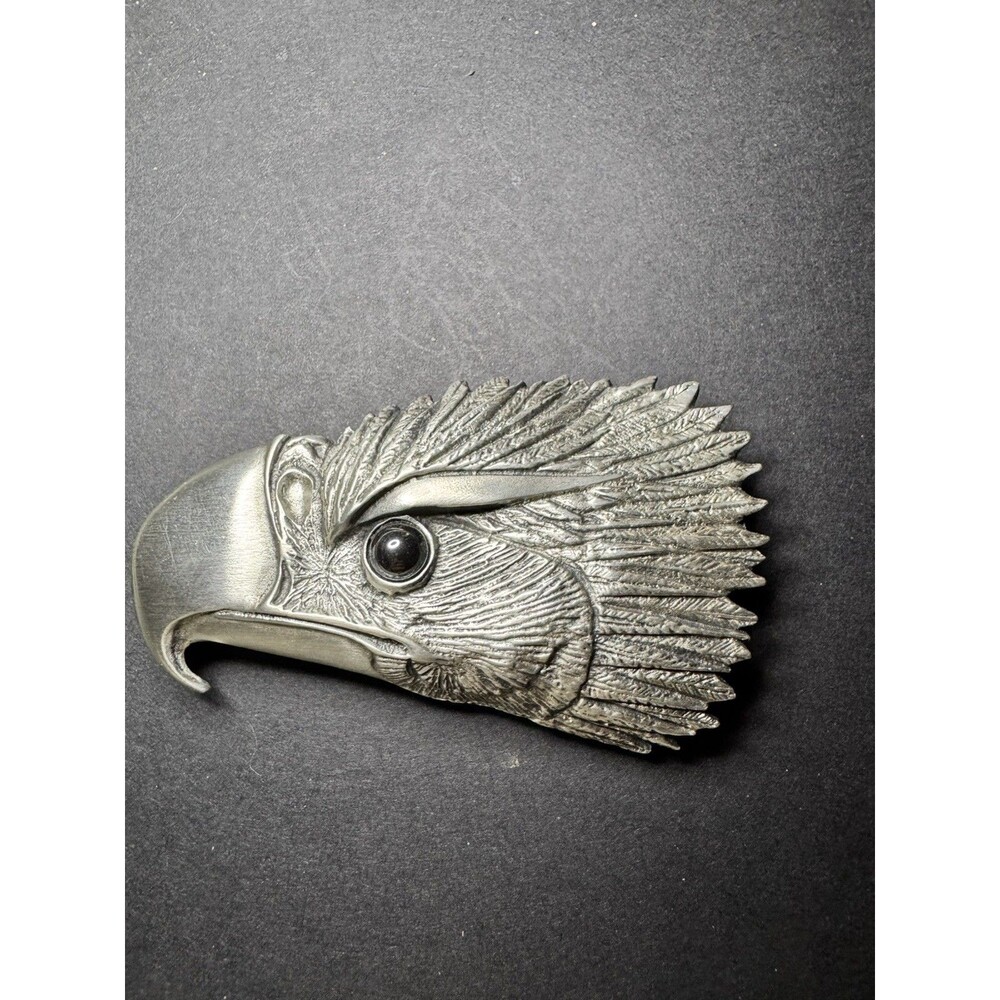 Vintage Frederick Pewter Canada Eagle Head Belt Buckle Black Cabochon Eye